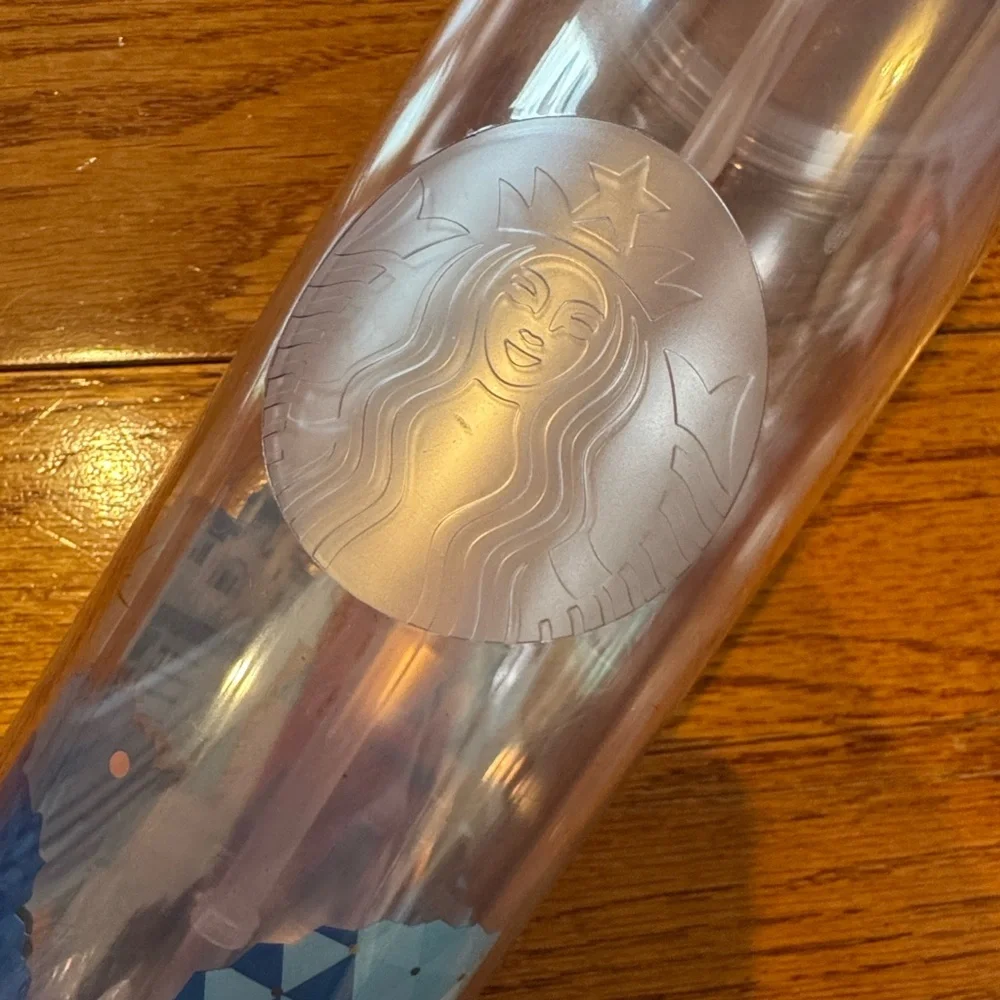 Starbucks Clear Pink Tumbler with Gold Logo and Castle Accent